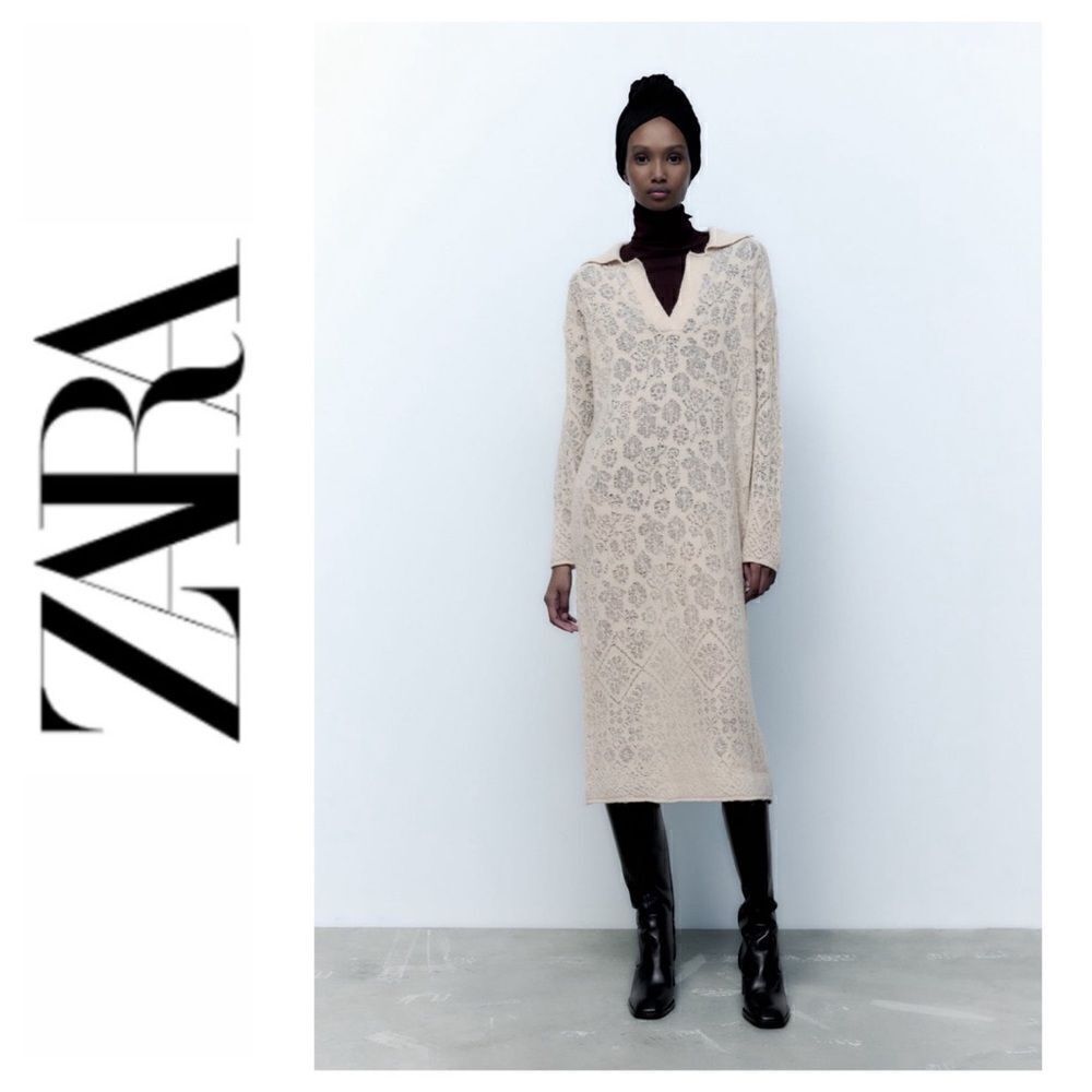 NWT Zara Pointelle Knit Long Sleeve Polo Collar V-Neck Midi Dress in Sand, Small